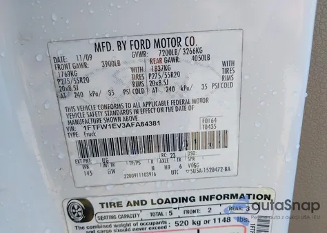 2010 Ford F-150 Fx4/Harley-Davidson/King Ranch/Lariat/Platinum/Xl/Xlt из США, поврежденный, VIN 1FTFW1EV3AFA84381